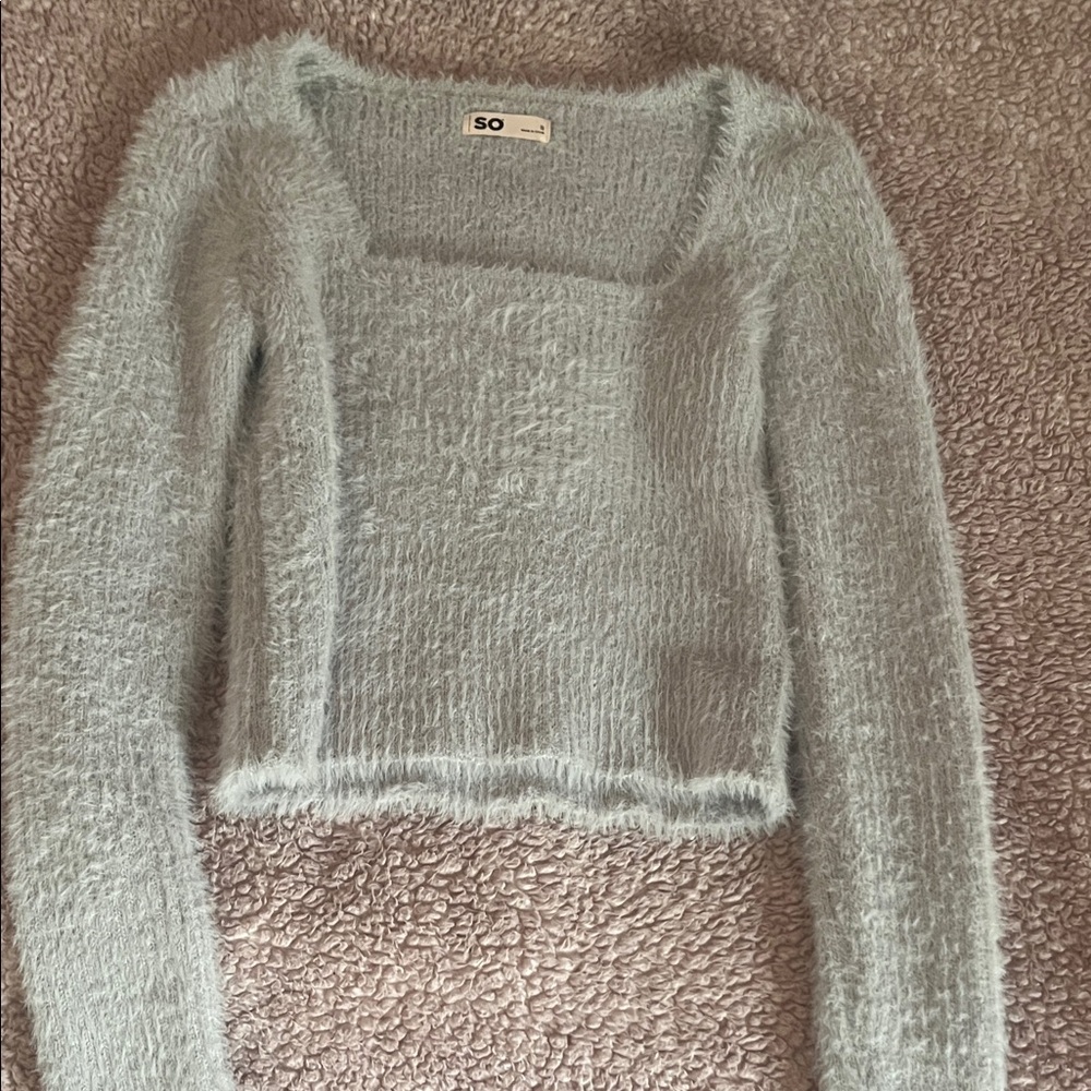 SO grey fuzzy square neck sweater, size small